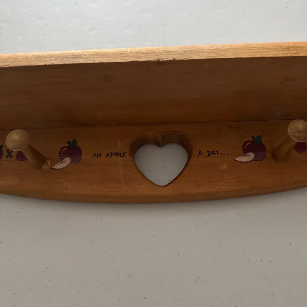 Cottagecore Farmhouse Vintage Wooden Wall Shelf Heart Cutout Apple Motif Pegs